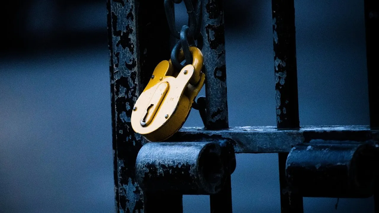 A padlock hanging on a dark iron gate: a database locked away after a month of no use.